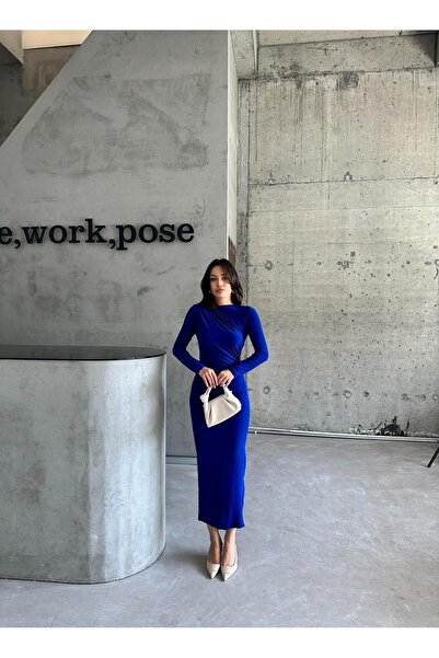 ELBEY Büzgü Detaylı Sandy Uzun Kollu Uzun Elbise Saks Mavisi