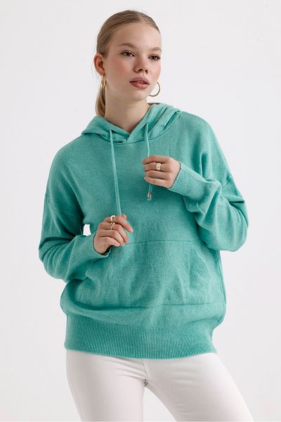 MD trend Kangaroo Pocket Hooded Back Written Knitwear Women's Sweater