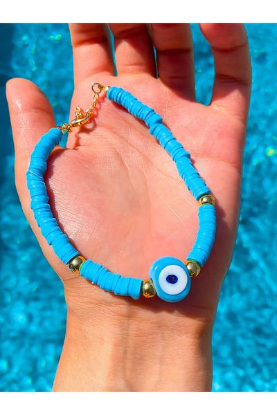 Lucky Designs Blue Glass Evil Eye Basement Bead Fimo Anklet / Summer Anklet