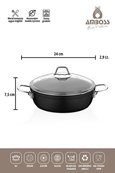 Amboss Dark Granite Flat Pot with Glass Lid Fireproof Non-Stick Titanium Coating - 24 Cm