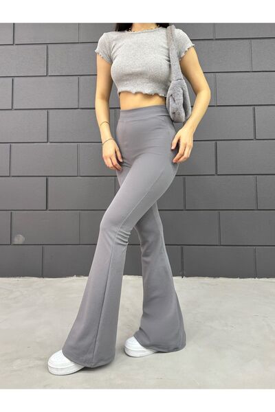 RuyaMood Γυναικείο Γκρι Ισπανικό Leg Crepe Παντελόνι Αναγέννησης Λύκρα με ψηλόμεσο