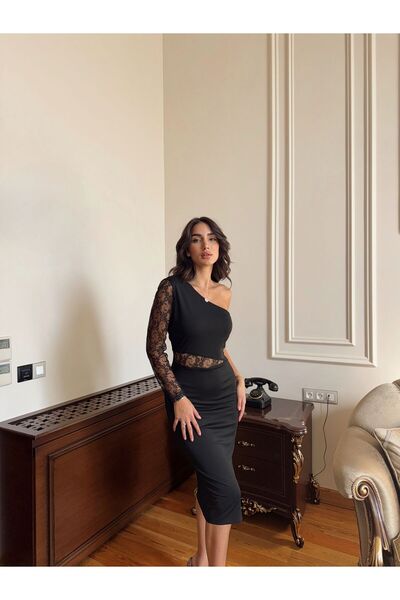 Sindimoda Keira Tek Kol Trasparan Tül Midi Elbise