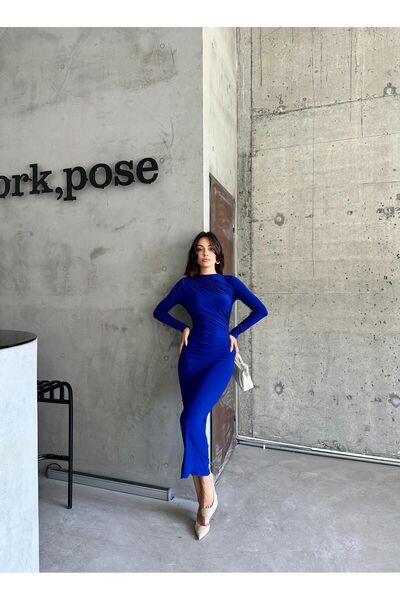 ELBEY Büzgü Detaylı Sandy Uzun Kollu Uzun Elbise Saks Mavisi