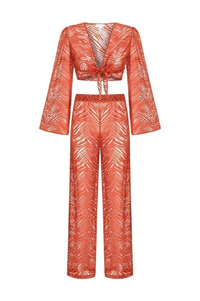 AQUELLA Μπλουζάκι με μοτίβο σε χρώμα τούβλο - Παντελόνι με μανίκια