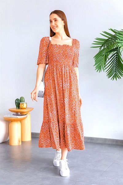 NKTCOLLECTİON Rochie midi țesută cu talie, portocaliu, cu flori crocante