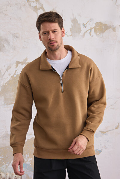 COMBİNE MİCHAİL Men's Half Zipper Casual Sweatshirt Caramel