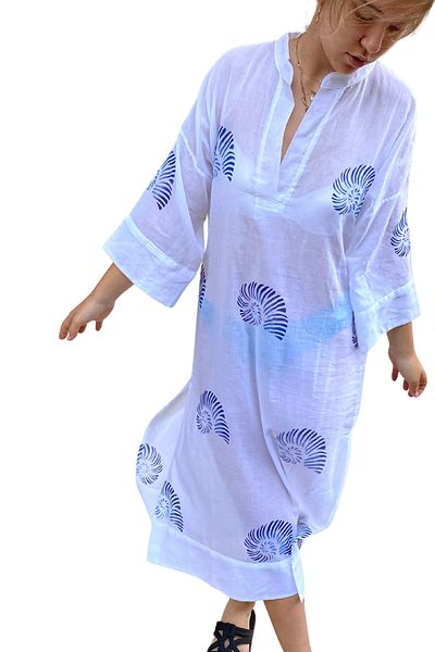 Işin Tasarım Koton Prevailing Collar, White Color, Three-Quarter Sleeve, Side Slit, Handmade Printed Dress