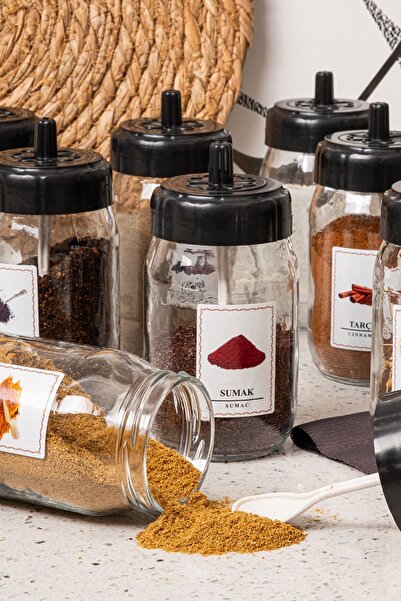 çarşıdayız 6 Adet Kendinden Kaşıklı Etiketli Cam Baharat Seti