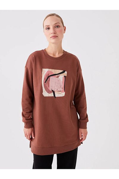 LC Waikiki LCWAIKIKI - Καφέ Oversize Ποδηλατικό λαιμόκοψη με στάμπα φούτερ τουνίκ