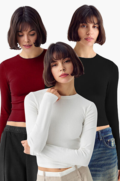 VODENS Μαύρο Λευκό Claret Red 3-pack Μπλούζα με λαιμόκοψη ποδηλάτου, βασική, ...