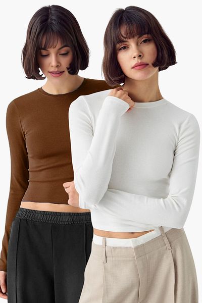 VODENS Crew Neck White Brown Ultra Soft 100% Cotton Long Sleeve Blouse - Pack of 2
