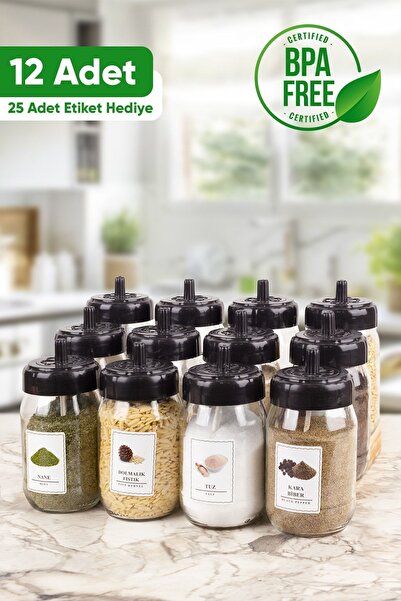 çarşıdayız طقم وعاء توابل زجاجي مكون من 12 قطعة - ملعقة ذاتية و25 ملصقًا