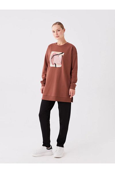LC Waikiki LCWAIKIKI - Καφέ Oversize Ποδηλατικό λαιμόκοψη με στάμπα φούτερ τουνίκ