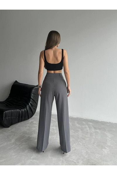 Zenistra Gray Striped Cotton Palazzo Women's Trousers - Pipe Leg 4096