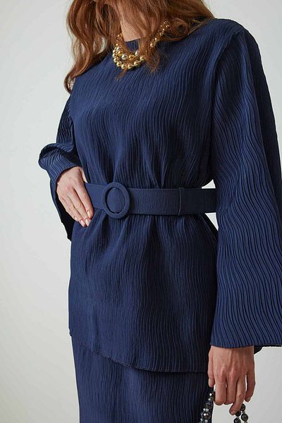 Hooopstore Navy Blue Satin Skirt Set - Pleat