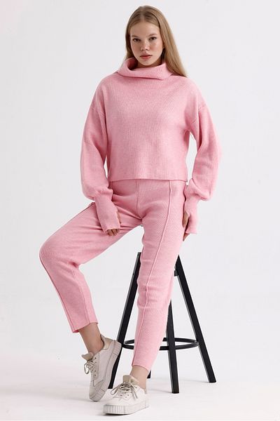 MD trend Balloon Sleeve Crop Sweater and Stitched Pants - Women's Knitwear Set