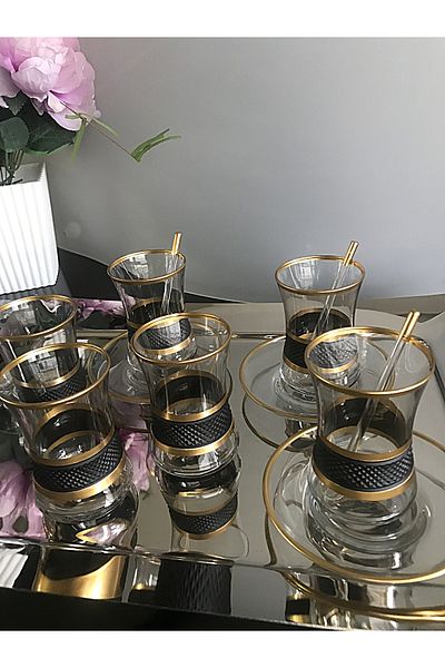 DECOSTYLE Dante Duru Black Decorated 18 Piece Tea Set Glass Tea with Spoon