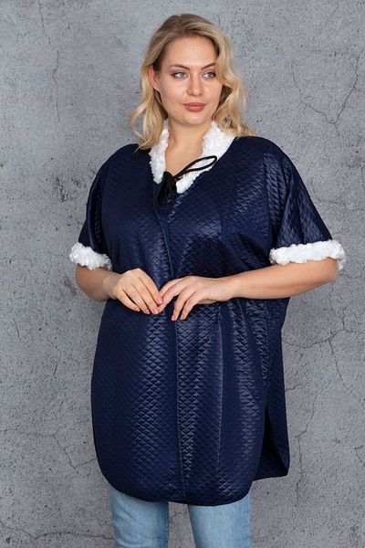 Şans Γυναικείο μεγάλο μέγεθος Navy Blue Faux Fur Λεπτομερές καπιτονέ μοτίβο Κάπα 65n35430