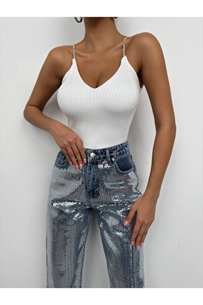 Butik Kadın Beyaz Taş Askılı Triko Bluz 23w15019
