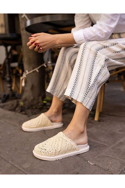 Feyz istanbul Beige Milan Slippers - Wicker Knitted, Closed Front