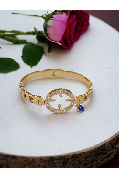 YAKUT TİCARET Steel Quadrilateral Evil Eye Beaded Handcuffs Bracelet Stainless Steel