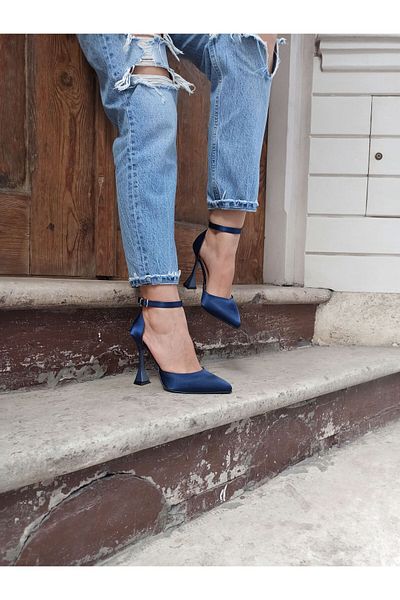 Atelierby DS Navy Blue Satin Heel Bracelet Women's Heeled Shoes