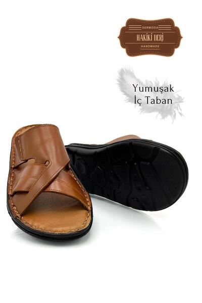 Moda Anna Ανδρικές παντόφλες ελαφριές από γνήσιο δέρμα - G Tan