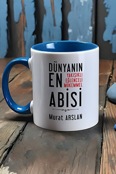 Hedizu Kişiye Özel Abi Kupa Bardak Mavi Ağabeye Babalar Günü Hediyesi