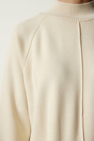 Lusin Women's Half Turtleneck Sweater Trousers Bottom Top Knitwear Set - Cream