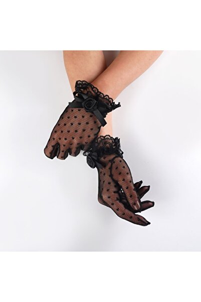 Elegance Scarf Mănuși de mireasă negre - cu puncte, pentru nunți și evenimente speciale