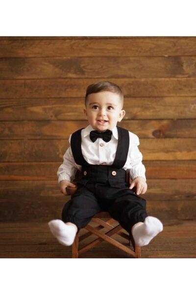 ykr design Black Elastic Leg Men's Children's Baby Salopet Shirt Bow Tie Set
