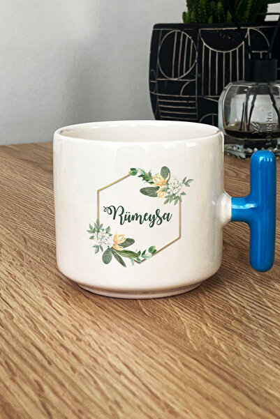 Hedizu Kişiye Özel Çiçekli İsme Özel Kupa Bardak T Kulplu Mavi Arkadaşa Kardeşe Anneye Ablaya Hediye