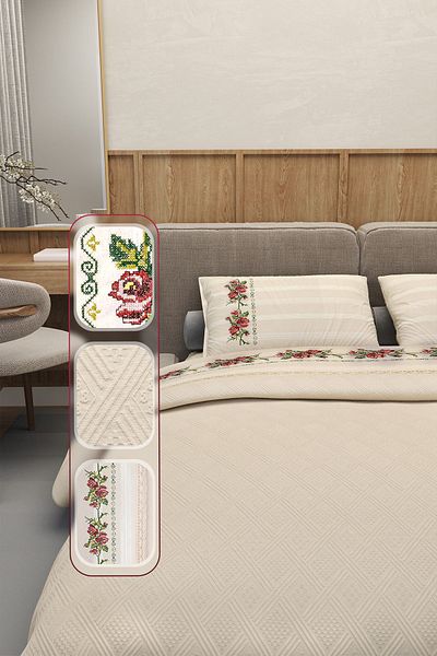 Durul Vintage Double Pique Set - 100% Cotton, Embroidered and Laced, Beige