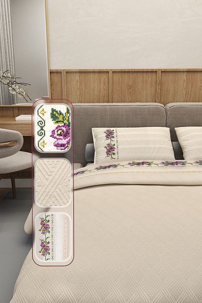 Durul Vintage Double Pique Set - 100% Cotton, Cross Stitch and Laced, Beige Bedspread (WITH LEAFS)