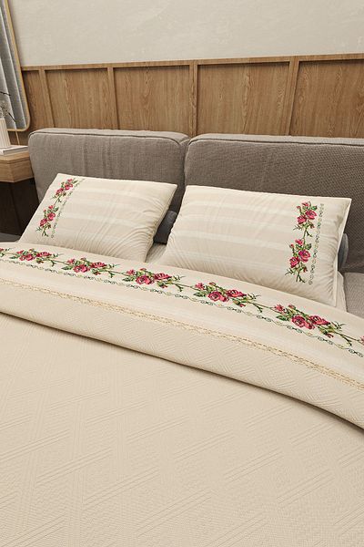 Durul Vintage Double Pique Set - 100% Cotton, Embroidered and Laced, Beige