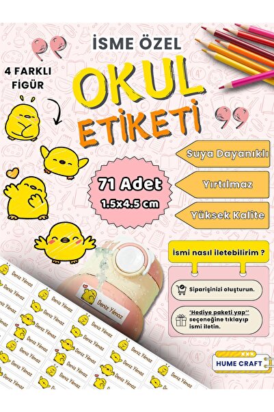 Hume Craft 71 Adet Sevimli Civciv Temalı İsme Özel Okul Etiketi 1.5x4.5 cm Ka...