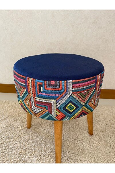 BHM Etnik Desenli Ahşap Ayaklı Dekoratif Lacivert Puf Bench