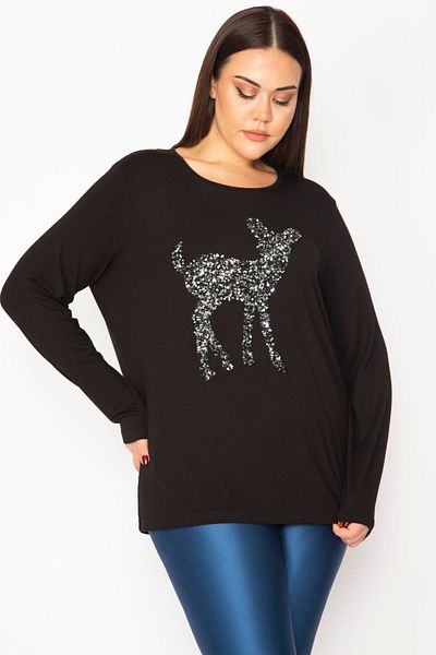 Şans Women's Large Size Black Sequin Detailed Tunic 65n29443