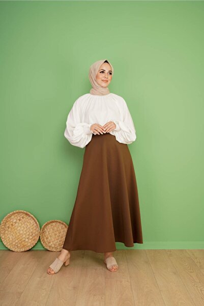 CNG MODA تنورة سكوبا واسعة - بني، بسحاب خلفي