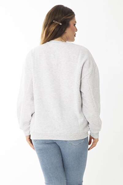 Şans Жіночий великий розмір сірий світлий шардоне з вишивкою та принтом, деталізований світшот 65N37010