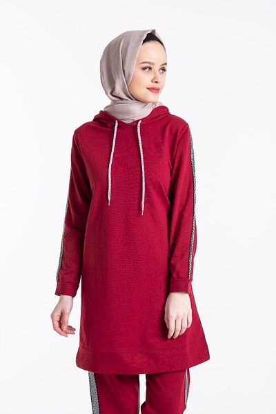 CNG MODA Claret Red Hooded and Sleeve Striped Women's Tracksuit Set - M