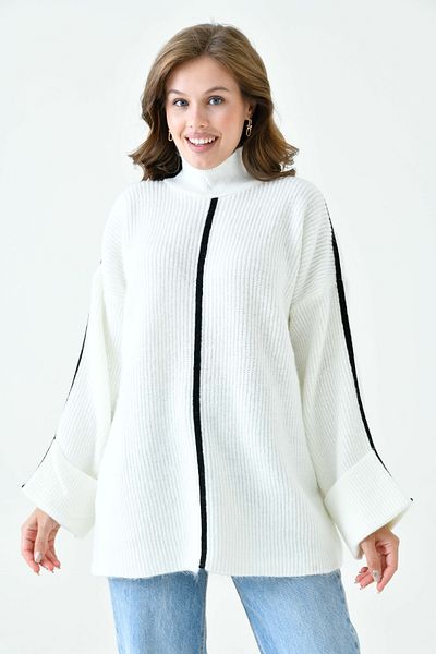 vuvutasarım Turtleneck White Knitwear Oversize Sweater - Long Sleeve and Stripe Detail 4119