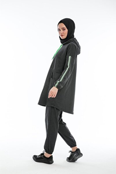 CNG MODA Hijab Women's Green Striped Anthracite Oversize Relaxed Cut Tracksuit Set