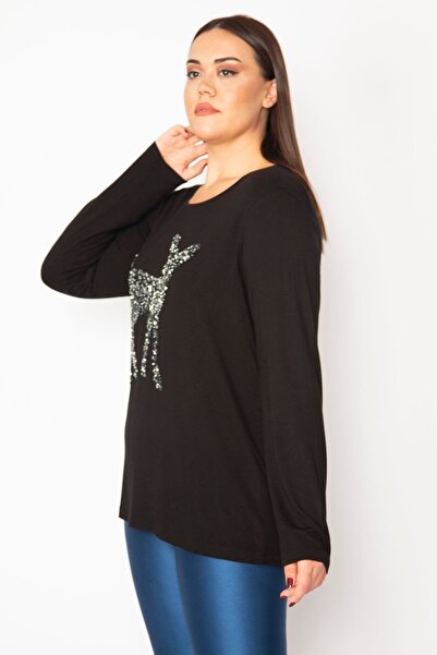 Şans Women's Large Size Black Sequin Detailed Tunic 65n29443