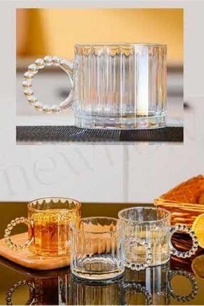Bycomo 325ml Set of 3 Glass Beaded Cup with Handle Mug and Soft Drink Cup