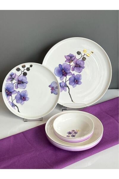 Sembol Violet Mor Menekşe Desen Bone Chine Porselen 24 Parça Yemek Takımı Vogue007
