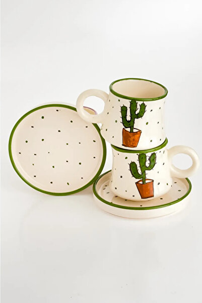 Porsellena Coffee Color Ceramic Cup Set of 2 - Cactus Patterned, Handmade Series