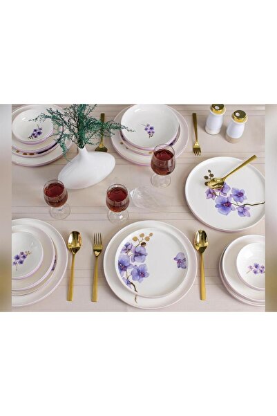 Sembol Violet Mor Menekşe Desen Bone Chine Porselen 24 Parça Yemek Takımı Vogue007