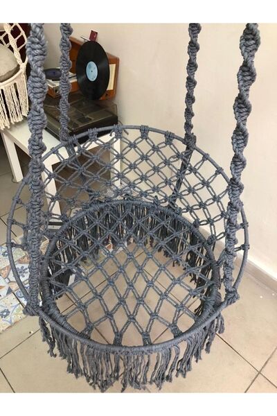 AslanButik Makrome Özel Örgü Burgu Halatlı Gri Salıncak Hamak