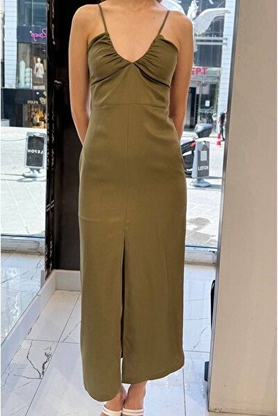 Lefon Askılı Sırt Bağlama Detaylı Ön Yırtmaçlı Uzun Elbise Haki